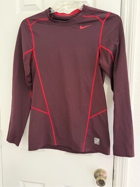 Nike Pro Combat Long Sleeve Compression Top - Burgundy with Pink Trim